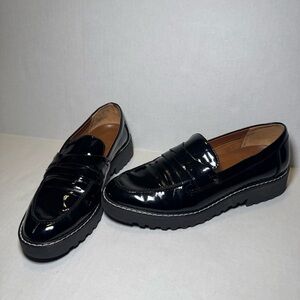 Franco Sarto Cassandra Loafers Women’s 7 Black Patent Lug Sole Preppy Chic